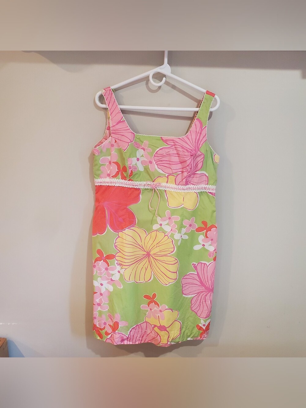 Lilly Pulitzer Vintage White Label Hibiscus Dress Sleeveles Lace Tie Back Zip 14